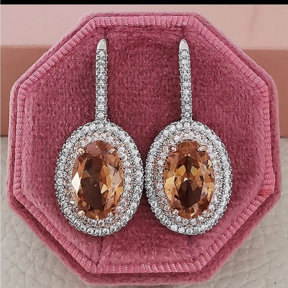 NEW Sterling Silver Halo Champagne Simulated Diamond Lever-back Earrings